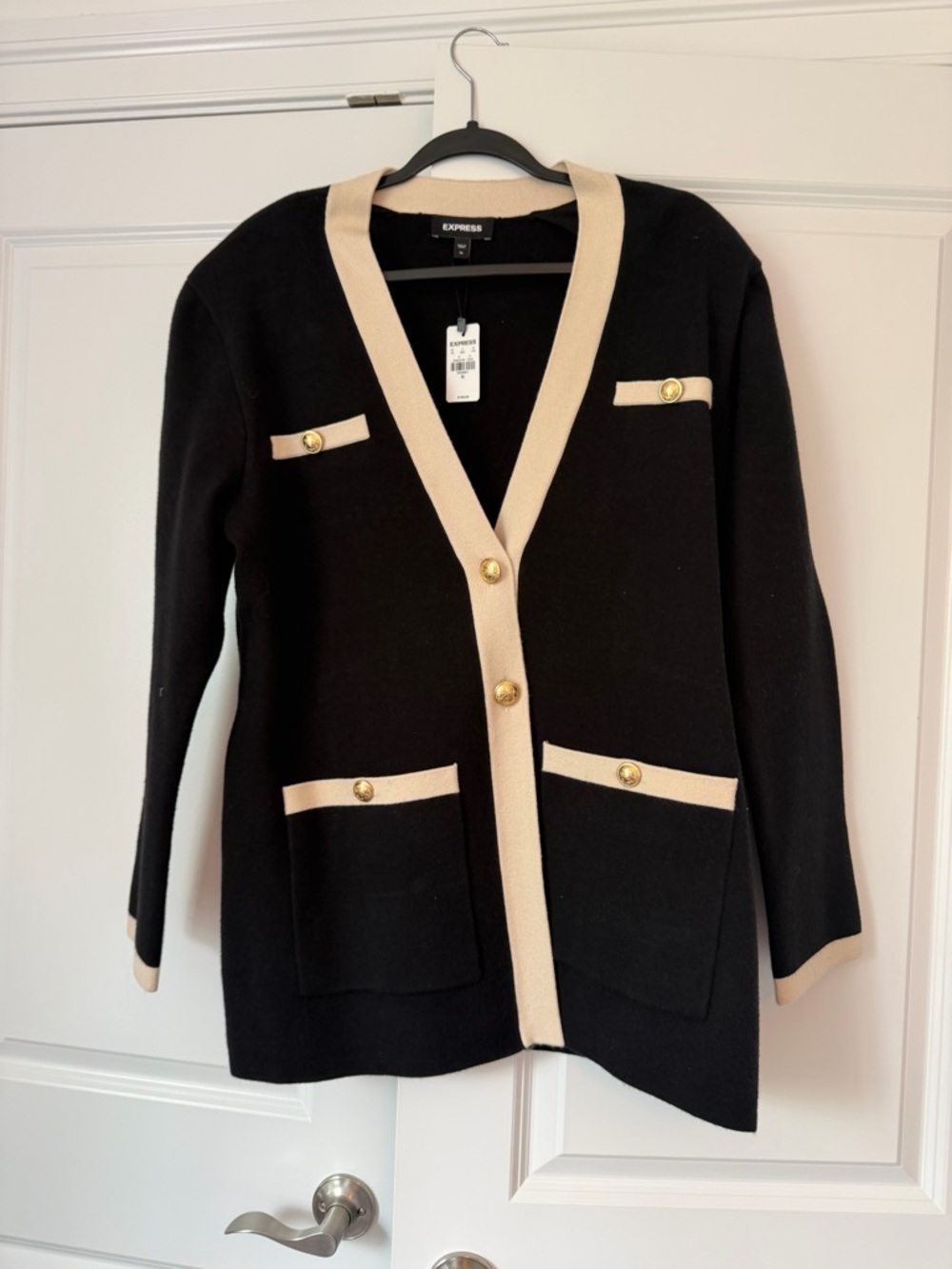 BNWT-Express heavyweight Black Cardigan/Coatigan with Cream Trim - Picture 5 of 5
